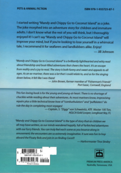 Back cover of a children's book titled 'Mandy and Chippy Go to Coconut Island' from the Pets & Animal Fiction series, featuring author and publisher text on a light blue background with several review quotes.